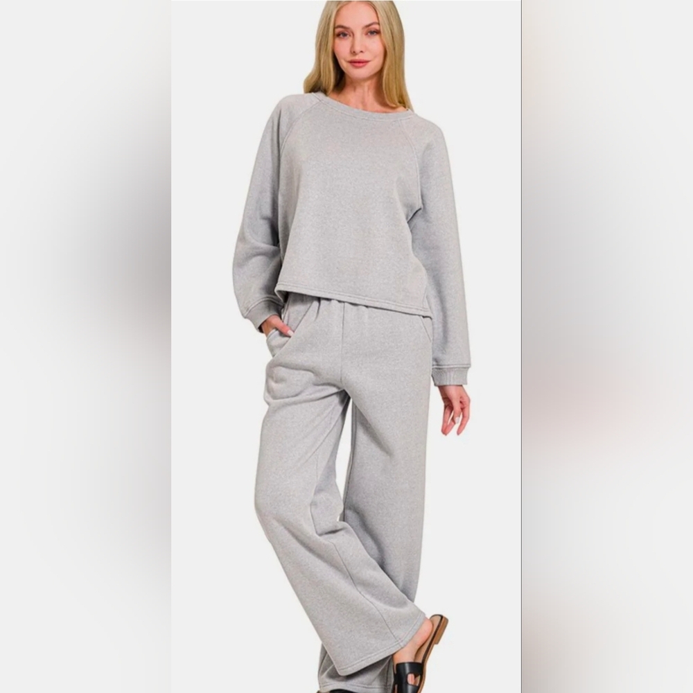 NWT Zenana 2 Piece Long Sleeve  Top And Long Bottom Grey Outfit Sz L